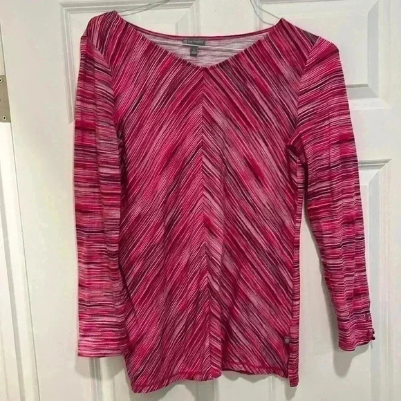 T by Talbots Top. V-neck. Longsleeves w/button detailing. Pink/black pattern. S. - Picture 1 of 8